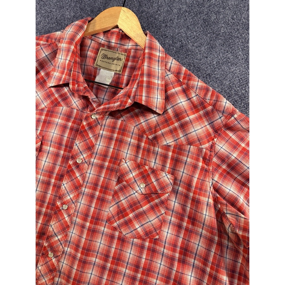 Vintage Wrangler Western Shirt Pearl Snap Mens 3XL Big Red Plaid Cowboy Rodeo